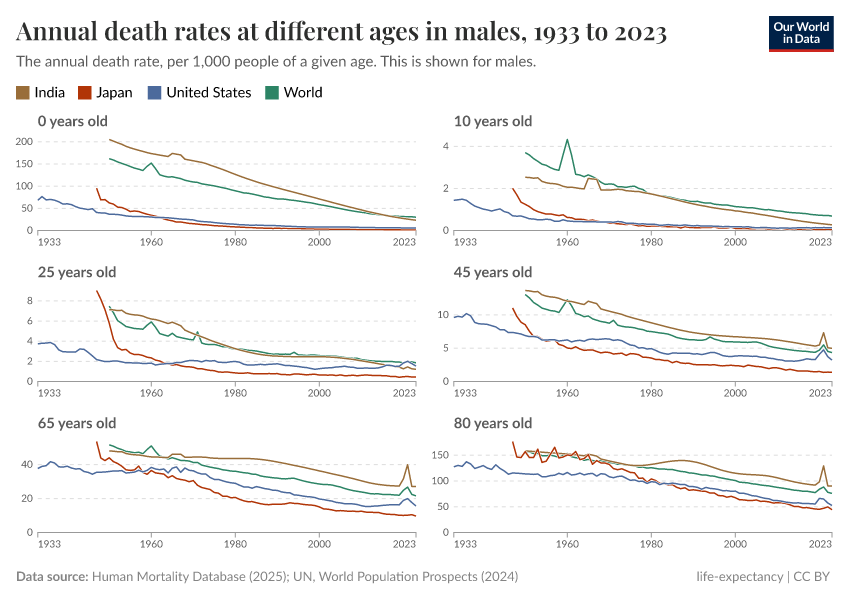 Annual death rates at different ages in males