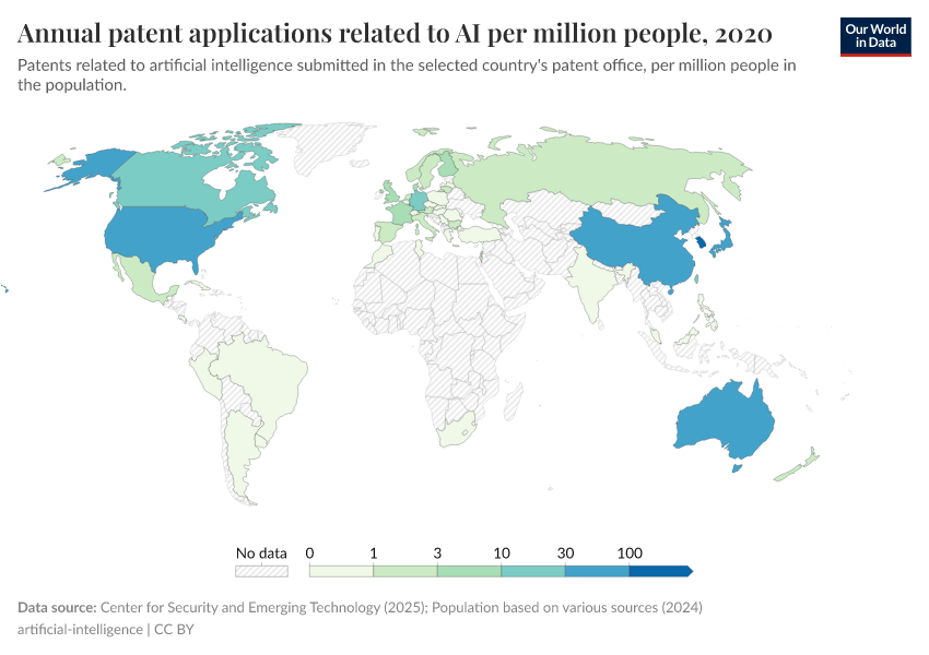 A thumbnail of the "Annual patent applications related to AI per million people" chart